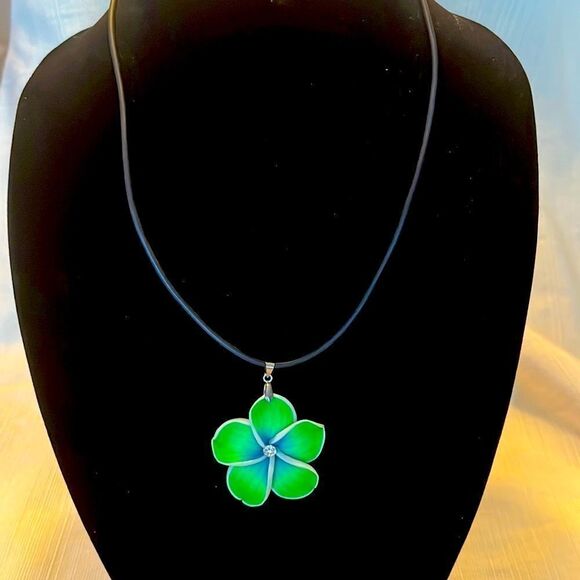 Green and Blue/White Flower Pendant on Black Necklace - Picture 1 of 7